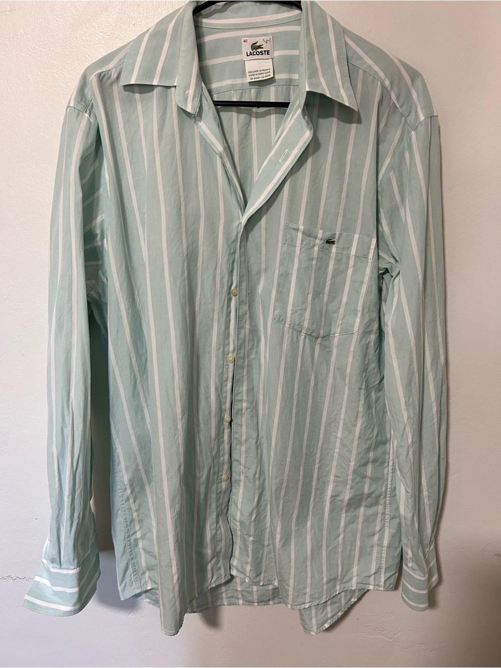 Vintage Lacoste 100% Cotton Mint White Striped Button Up Shirt Size 40